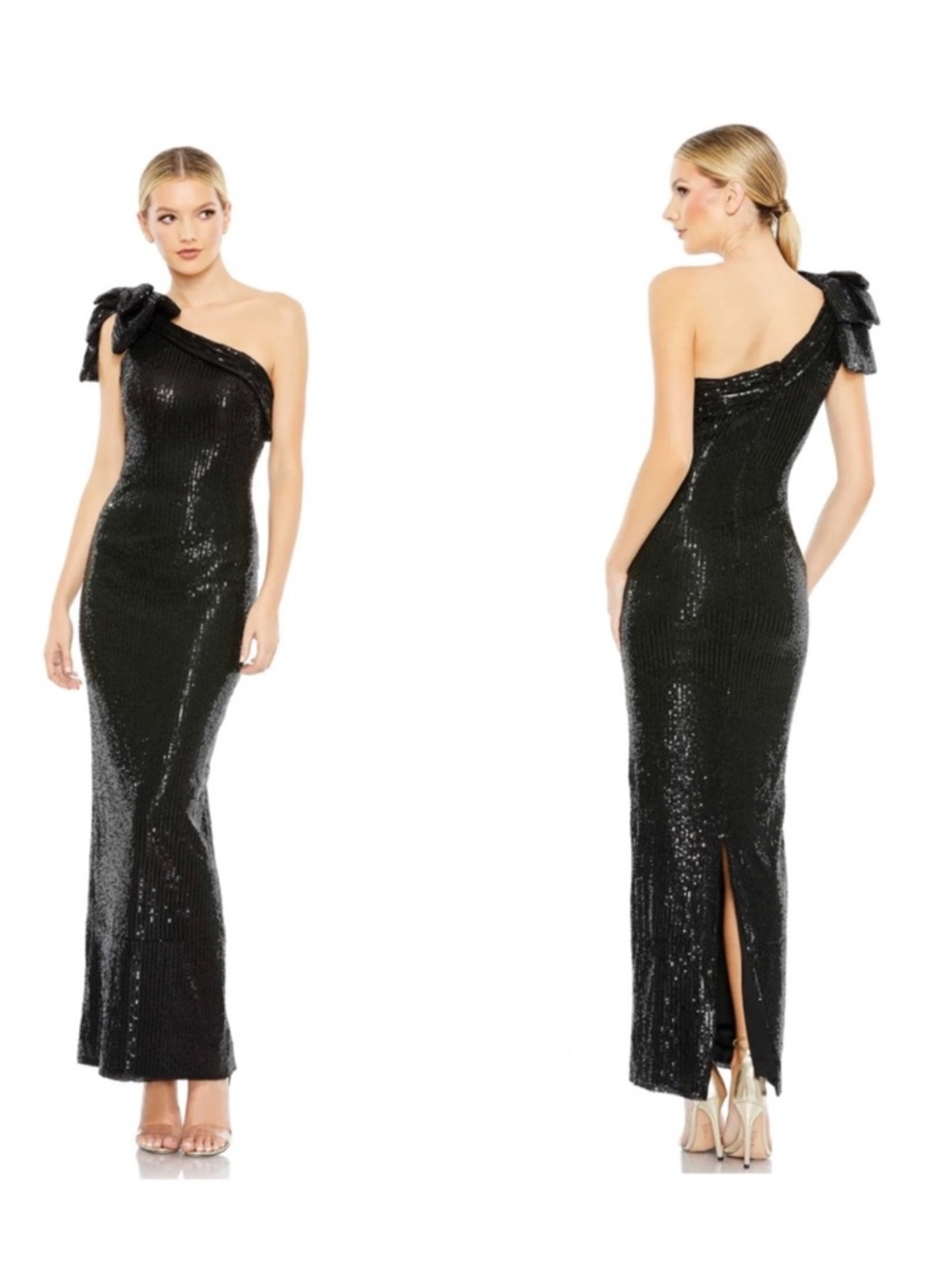 Mac Duggal Black Sequin Bow One Shoulder Column Gown 11283 Size 4 MSRP $398